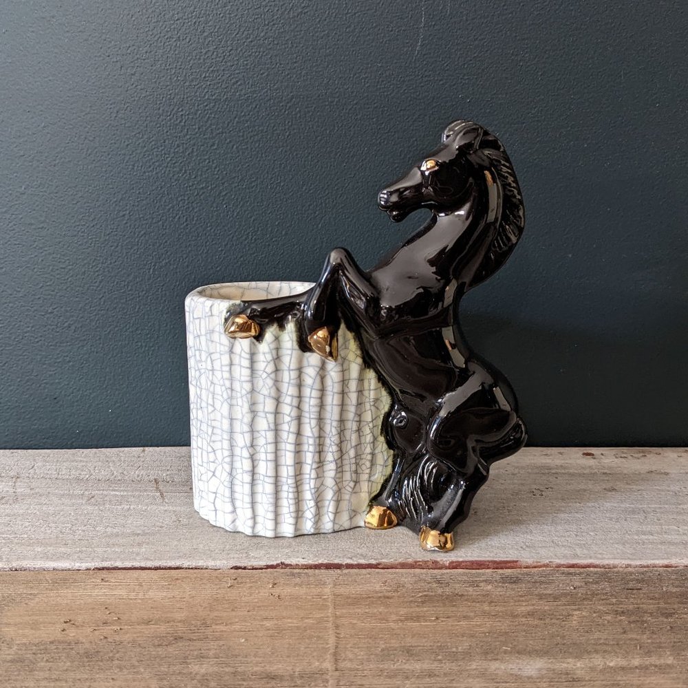 Vintage Regency Style Ceramic Horse Pencil Holder Cup Desk Organizer